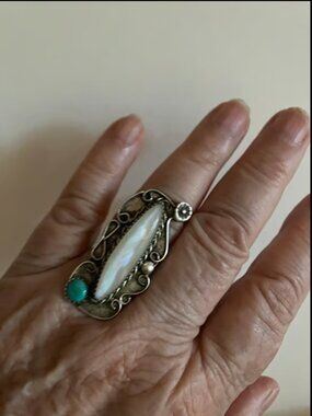 Vintage Navajo Signed Mother of Pearl Turquoise Sterling Long Knuckle Ring